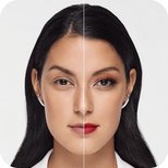 Vorher/Nachher-Vergleich einer dunkelhaarigen Frau mit und ohne Make-up