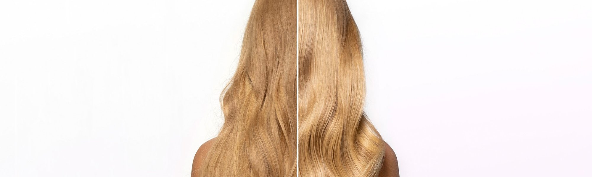 Kopf von hinten einer Frau mit langen blonden Haaren - vorher / nachher Anwendung Haarspitzenfluid