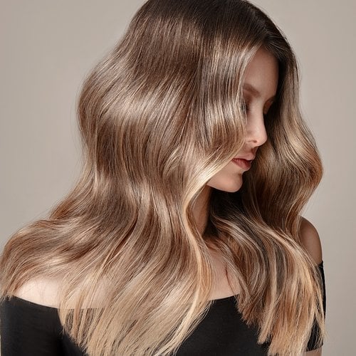 Model mit blondem welligen Haar schaut zur Seite